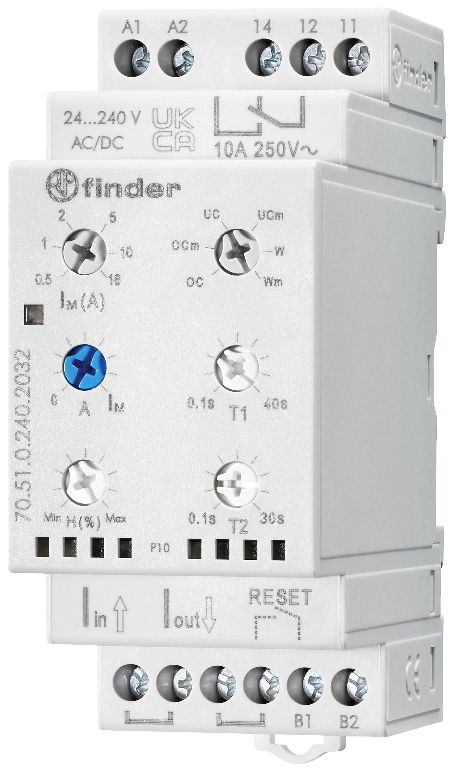 Een elektronisch tijdrelais met schalen en draaischakelaars voor het instellen van tijdsintervallen. Modelnummer en technische specificaties zijn zichtbaar.