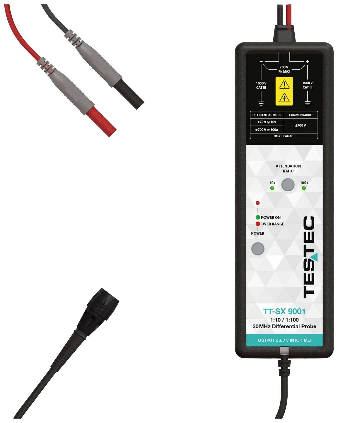Differentiaalprobe voor oscilloscopen van Testec, model TF-SX 9001, met rode en zwarte aansluitingen voor elektronische metingen.