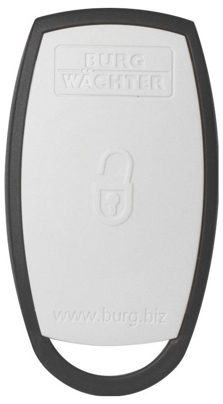 Een witte sleutelhanger van Burg Wächter met een vergrendeld slot-symbool en de website 'www.burg.biz'.