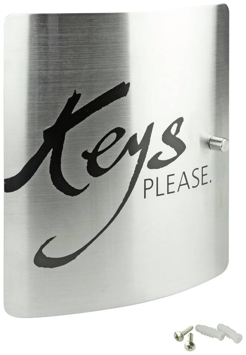 Wandhouder van geborsteld metaal met het opschrift 'Keys Please'. Bevat een houder met schroeven en pluggen voor bevestiging.