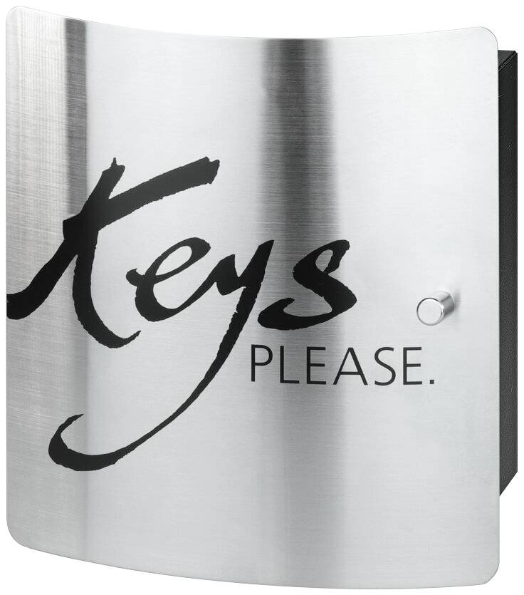 Metalen sleutelbox met gebogen voorkant, waarop 'Keys Please' staat.