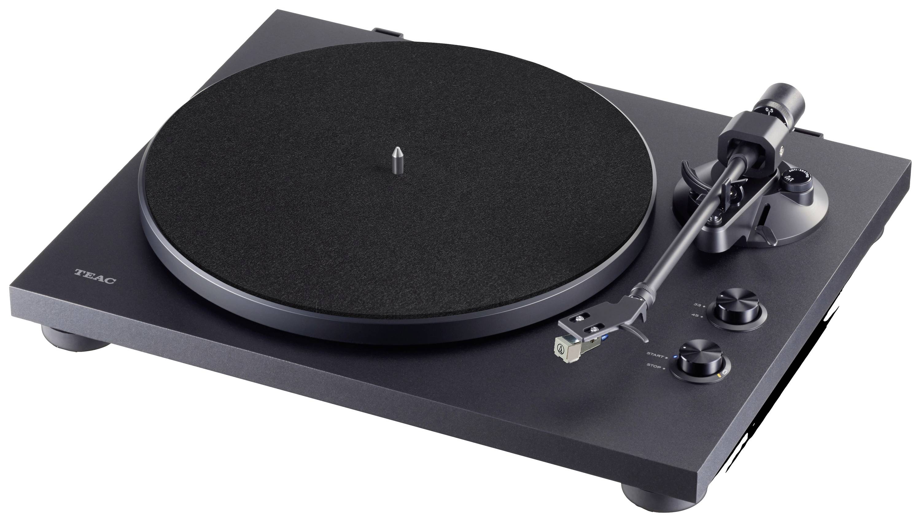 Platenspeler met zwarte behuizing en toonarm aan de rechterkant, geschikt voor het afspelen van vinylplaten.