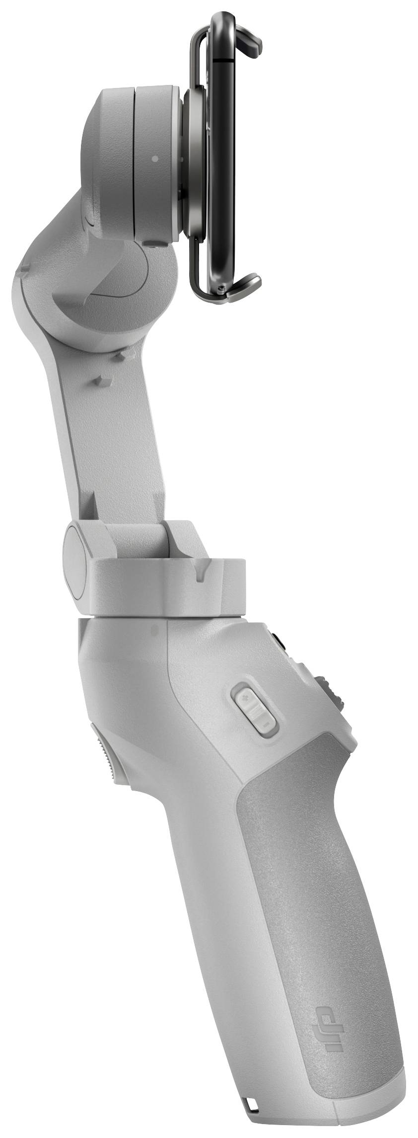 Een grijs, draagbaar smartphone-gimbal met ergonomische handgreep en geïntegreerde bedieningsknoppen, gezien van opzij.