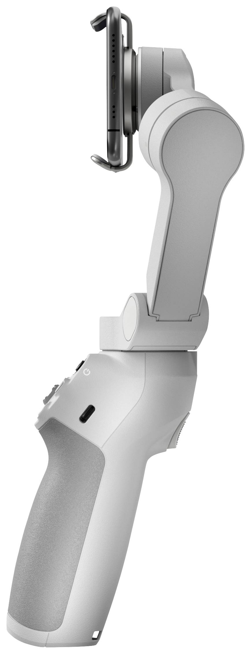 Draagbare smartphone-gimbal gezien van opzij. Het apparaat heeft een grijze handgreep en bovenaan een houder voor een smartphone.