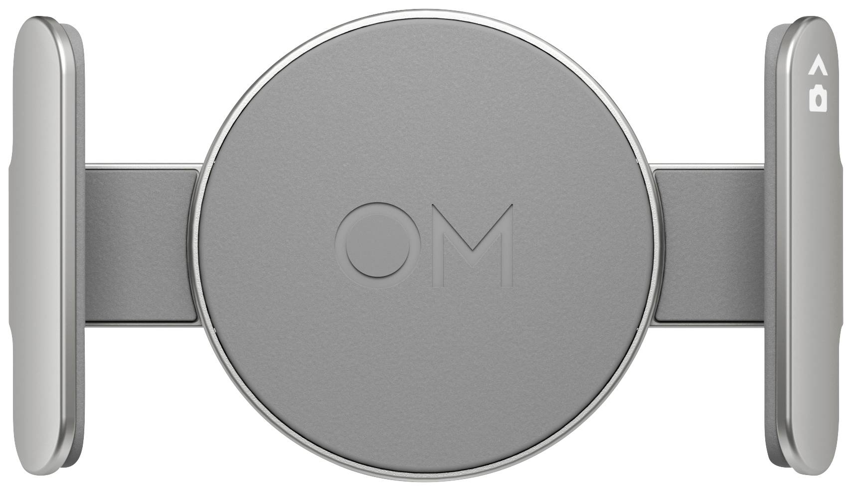 Een zilveren telefoonhouder die horizontaal wordt gebruikt; centrale cirkelvormige plaat met de letters 'OM', links en rechts steunbeugels.