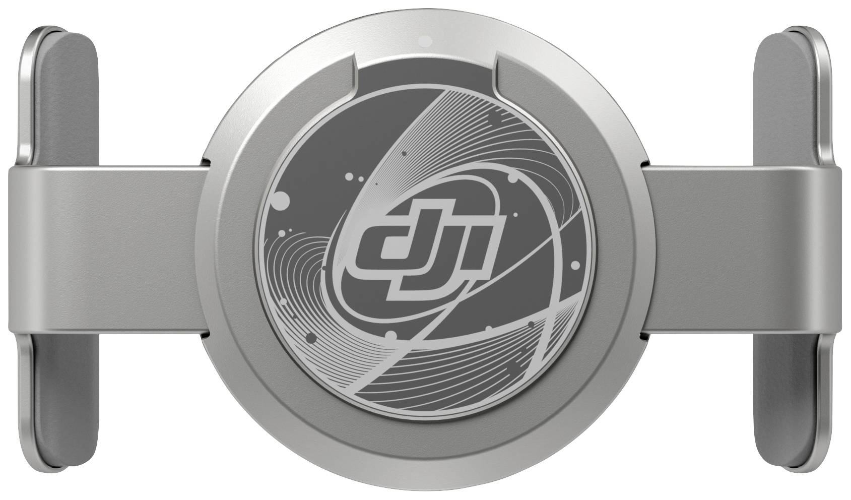 Houder van een opvouwbaar DJI-product in gesloten toestand, zilverkleurig, met gestileerd cirkelvormig patroon en logo in het midden.