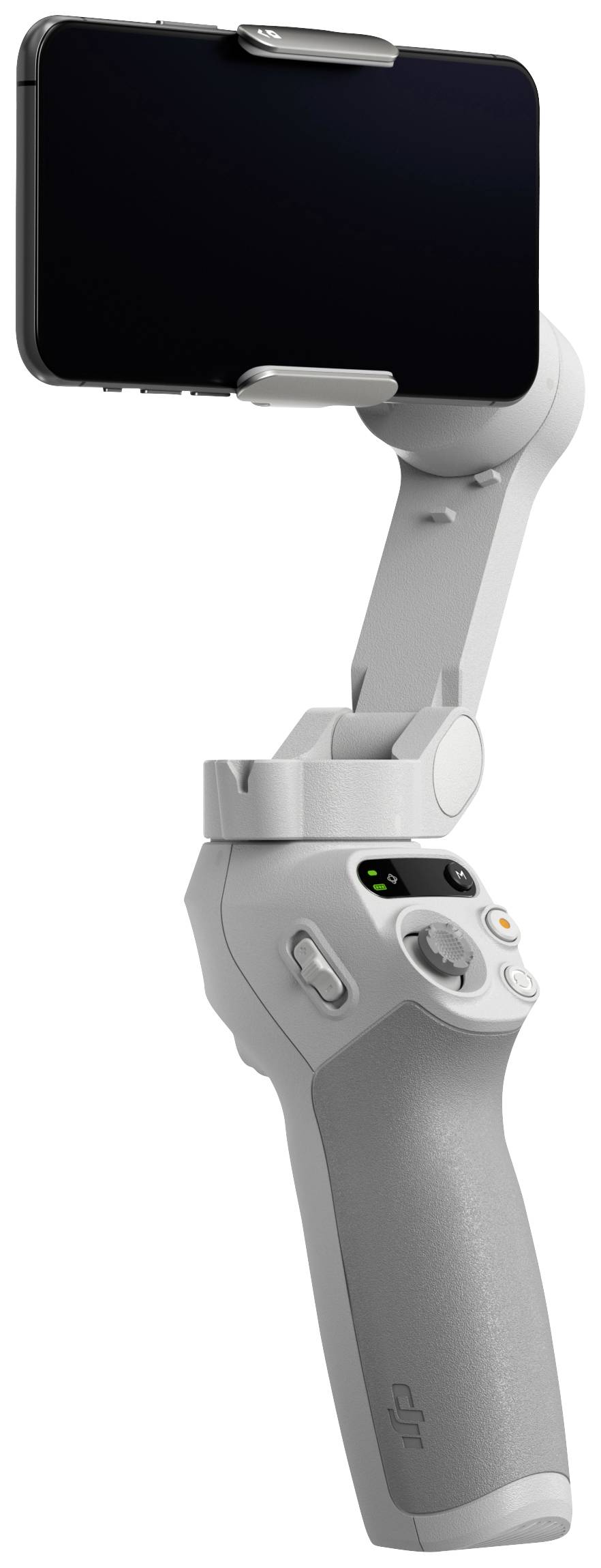 Een grijze, handgehouden smartphone-gimbal met een gemonteerde smartphone, waarop bedieningsknoppen en een ronde joystick zichtbaar zijn.
