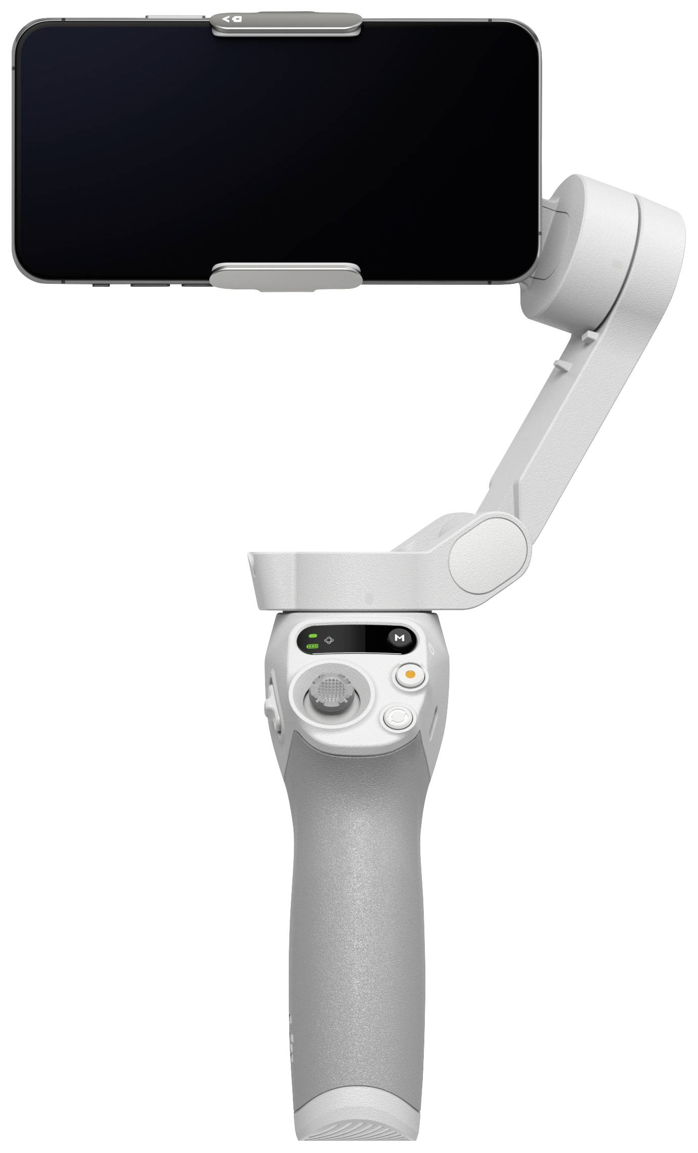 Een wit-grijze handstabilisator houdt een smartphone horizontaal vast. Het apparaat heeft bedieningselementen en is geschikt voor video-opnames.
