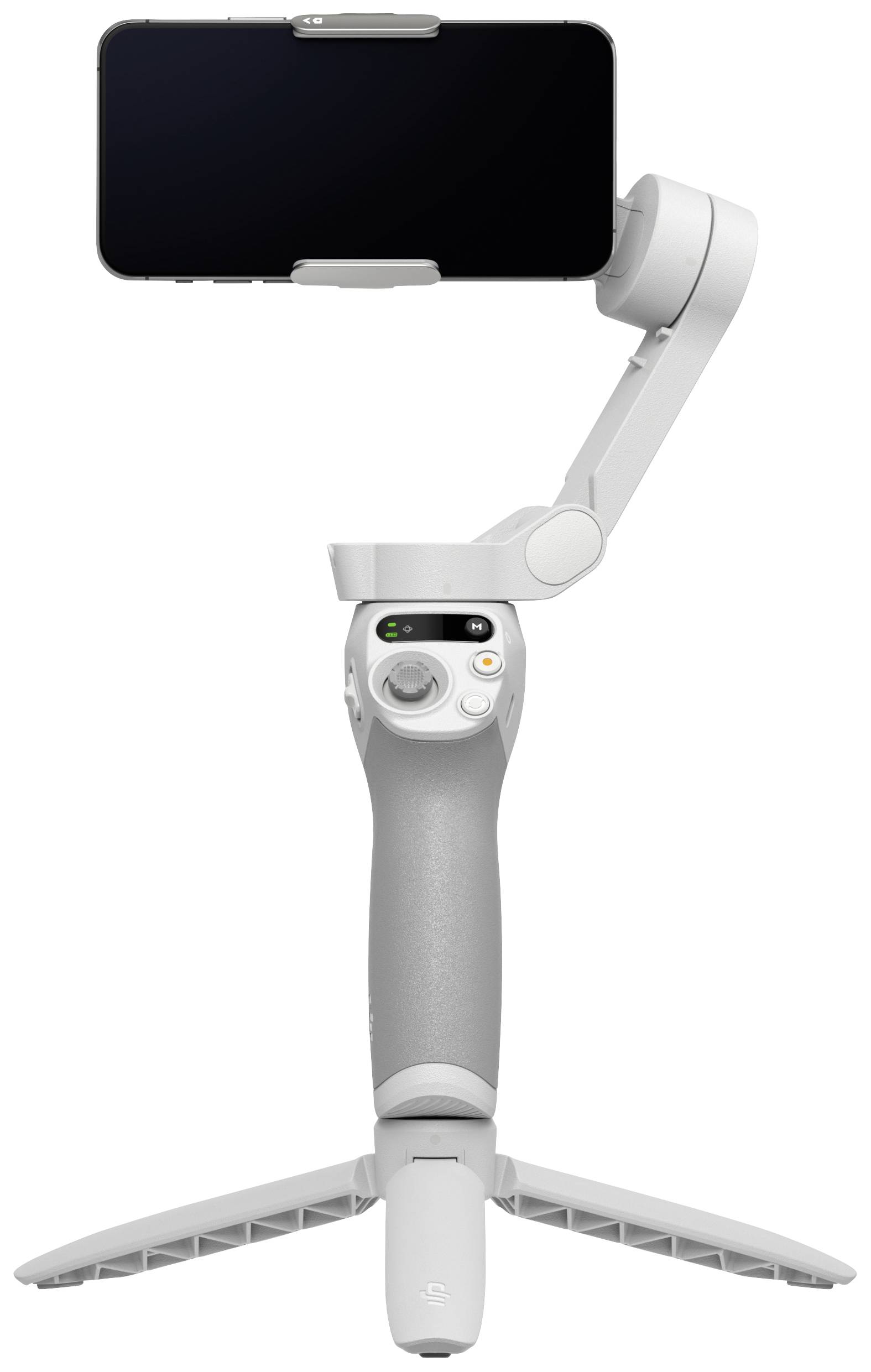Een grijze mobiele gimbal met uitvouwbaar statief en handgreep. Bovenaan bevindt zich een smartphonehouder. Ideaal voor stabiele video-opnames.