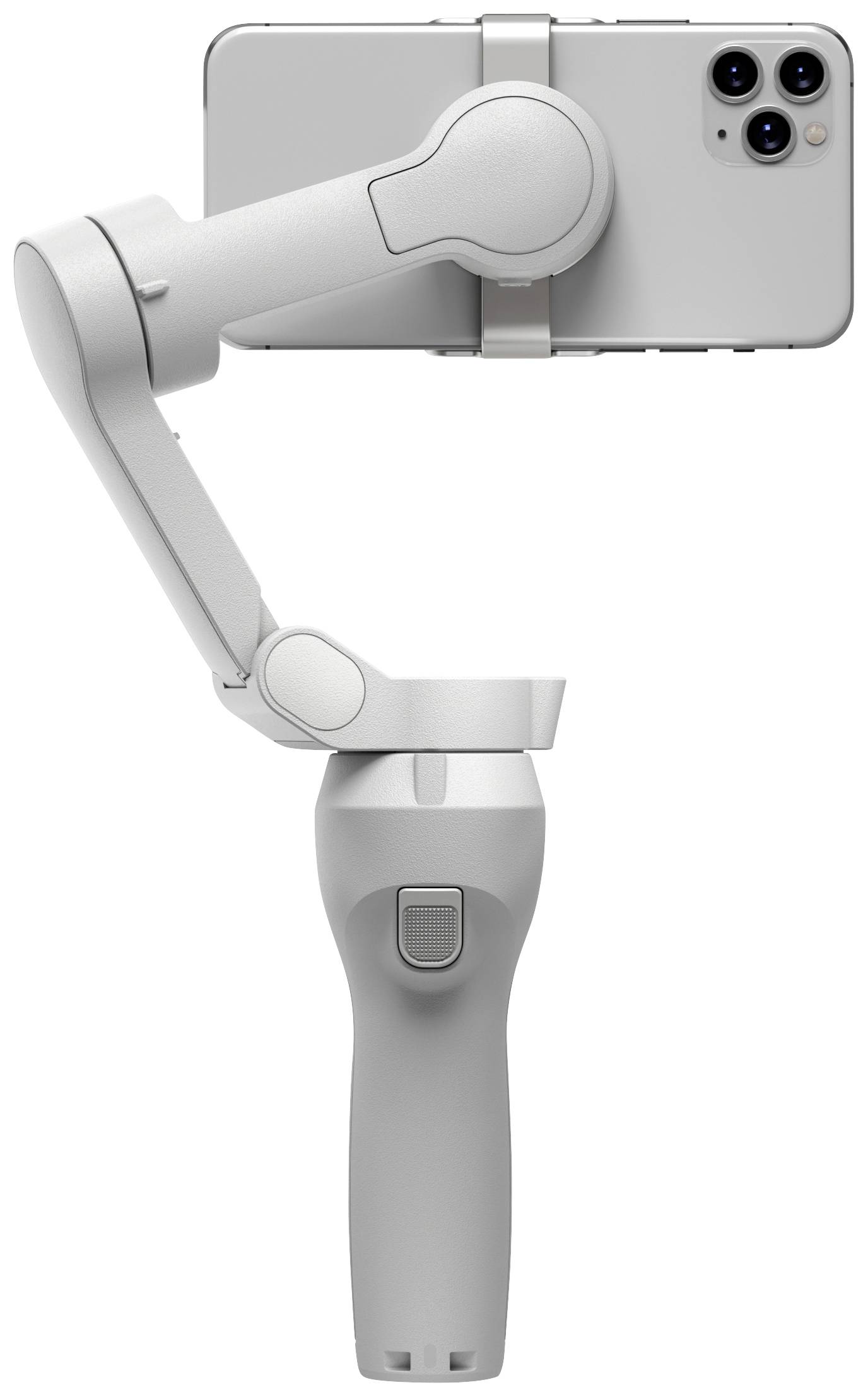 Een grijze smartphone-gimbal met een smartphone horizontaal bevestigd in de houder, op een witte achtergrond.