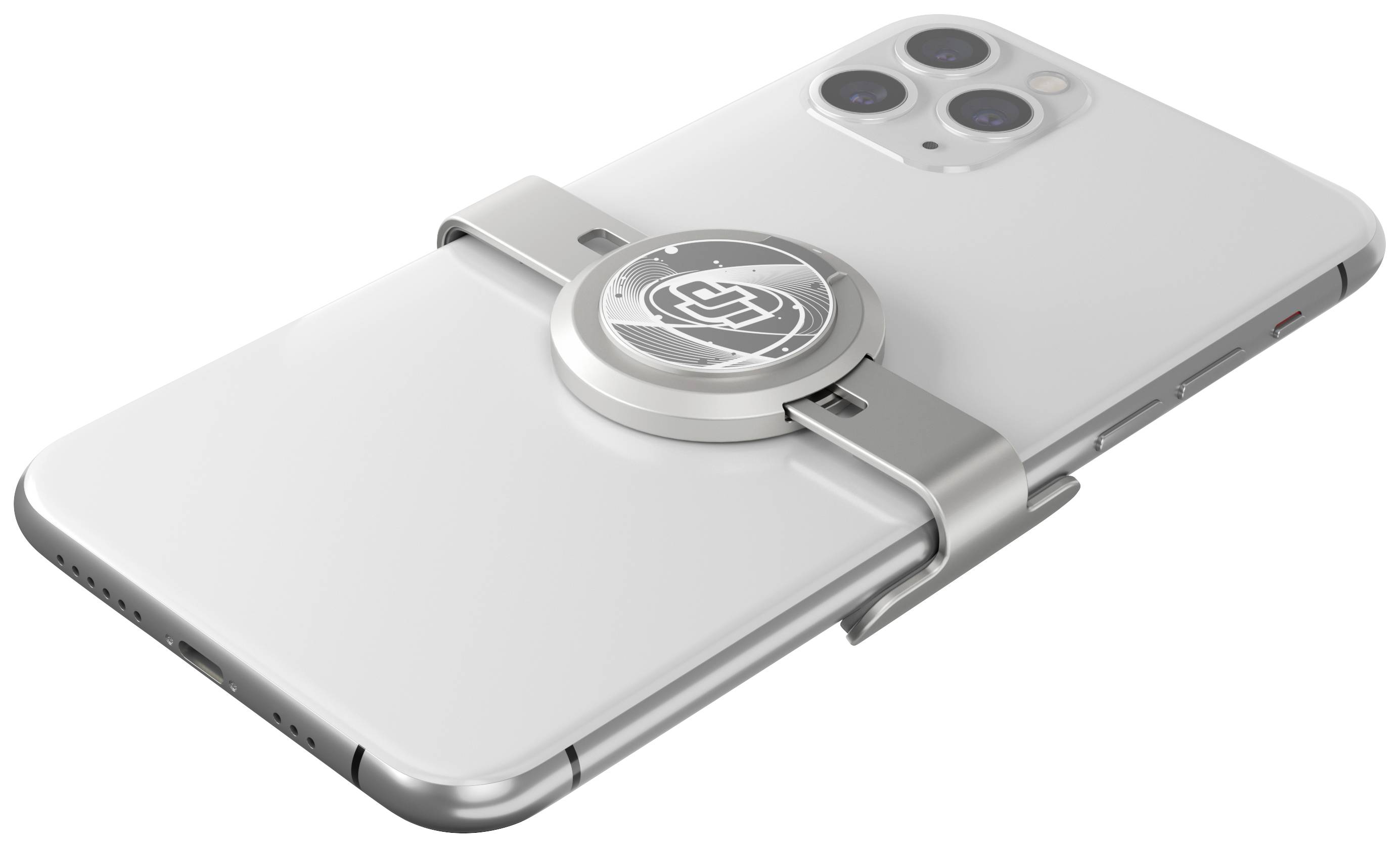 Een smartphone met een metalen bevestiging aan de achterkant, die een rond schijfje vasthoudt met een logo in het midden.