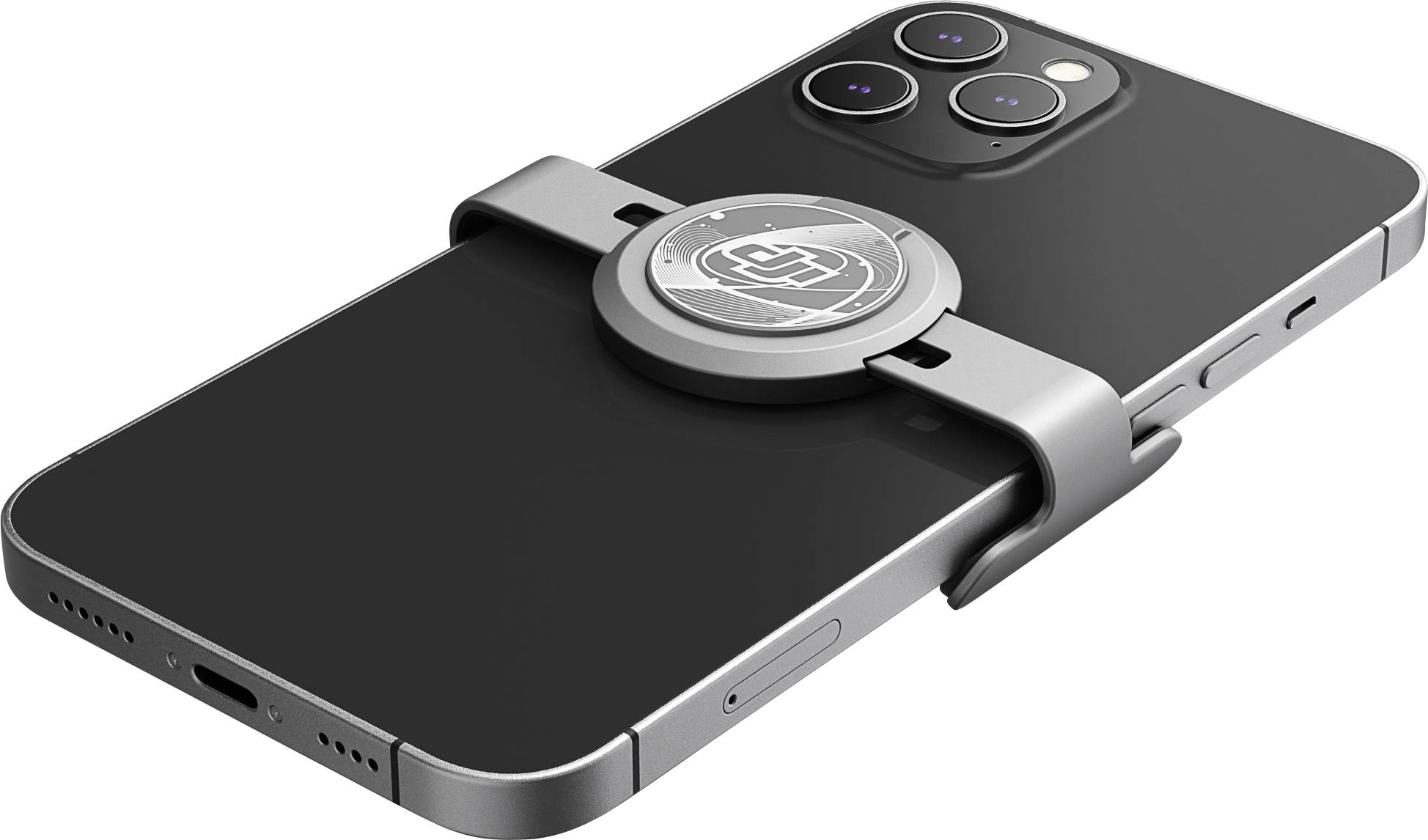 Smartphone met cameralenzen, daarop een magnetische metalen houder.