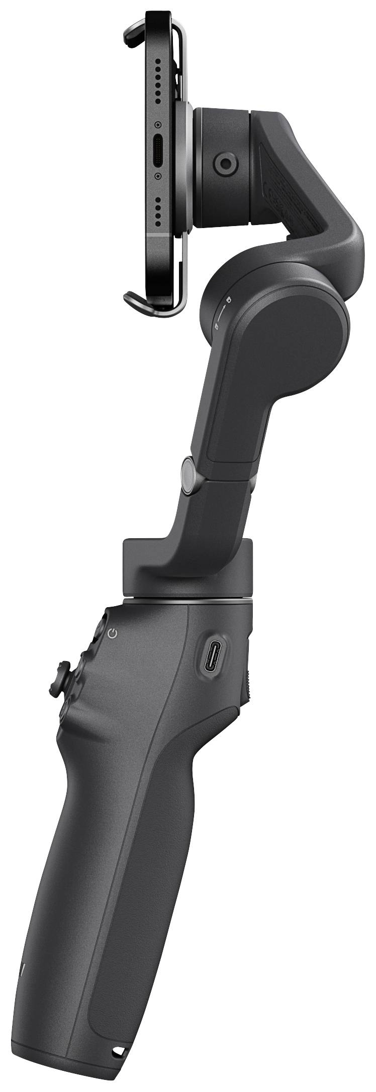 Een zwarte handheld-gimbal die een smartphone stabiliseert. Ideaal voor video's.