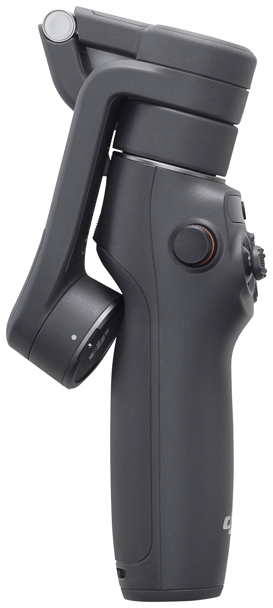 Draagbare, opvouwbare smartphone-gimbal in zwart, met ergonomische handgreep en bedieningsknoppen. Ideaal voor stabiele video-opnames.