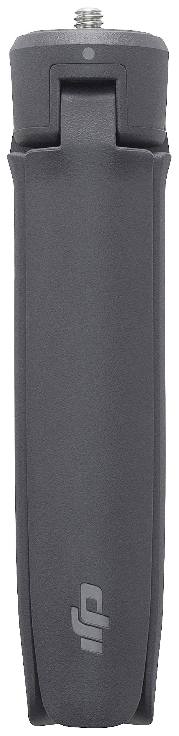 Een zwart, opvouwbaar statief met een schroefdraad aan de bovenkant; merklogo onderaan. Ideaal voor camera's of smartphones.