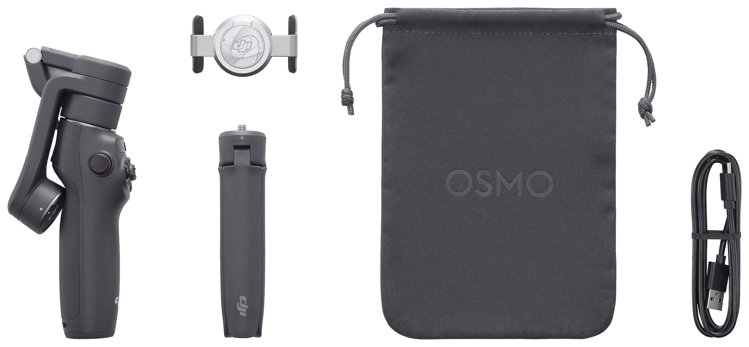 Ingeklapte handheld-gimbal, smartphonehouder, ministatief, opbergtas met 'OSMO'-logo en USB-kabel.
