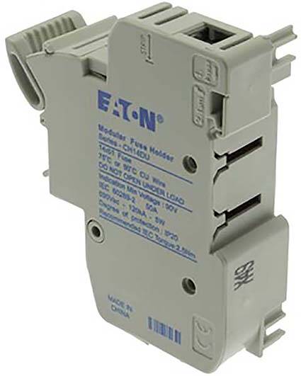 Een grijze modulaire zekeringadapter met blauwe opdruk van Eaton. Bevat gegevens over spanning en stroomsterkte.