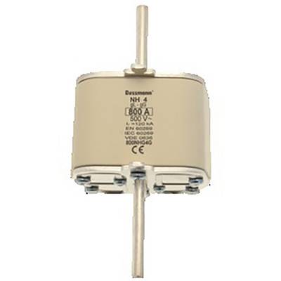 Elektrische NH-zekering, type NH 4 met 800 A en 690 V capaciteit. Beige behuizing met metalen elementen voor hoge stroombelastingen.