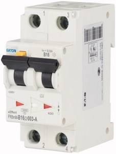 Een tweepolige beschermingsschakelaar van het merk Eaton, model B16, met schakelgreep en aansluitklemmen, typisch voor elektrische installaties.