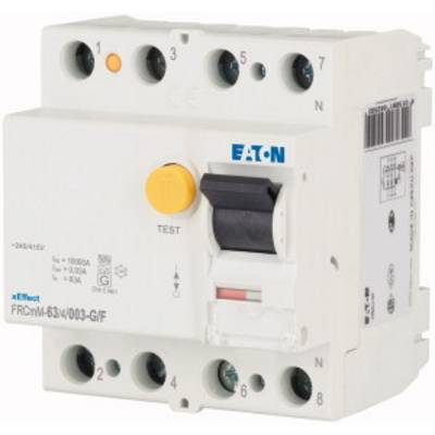 Een Eaton aardlekschakelaar met testknop en productaanduidingen, geschikt voor aardingsfoutdetectie. Aansluitingen zijn gemarkeerd.