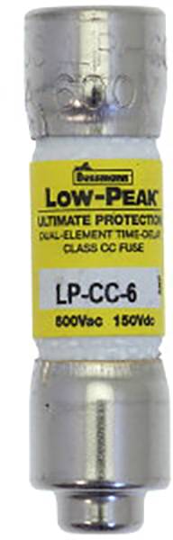 Een zekering met een geel etiket 'LOW-PEAK ULTIMATE PROTECTION', spanning 600Vac / 150Vdc, model 'LP-CC-6'.