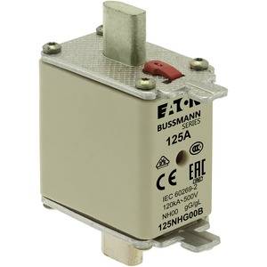 Een vierkante zekeringpatroon van Eaton Bussmann Series, met 125A en technische standaarden, geschikt voor spanningen tot 690V.