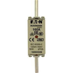 Elektrische zekering van Eaton Bussmann, 160A, conform IEC 60269-2 norm, 120kA-500V, NH0 type, gemarkeerd met CE, EAC en HRC symbolen.