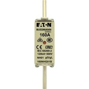 'Zekering van het type Bussmann Series 160A, 120kA-500V. Behuizing met CE-markering en IEC 60269-2 standaardnummer.'