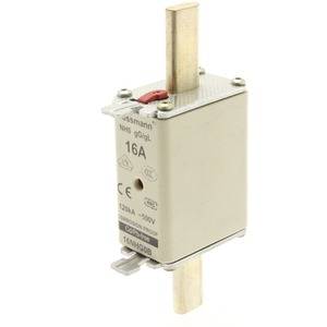 Zekeringsinzet met 16A nominale stroom in cilindrische behuizing, geschikt voor elektrische schakelingen, verticaal georiënteerd.