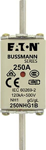 Zekeringtoepassing van Eaton Bussmann Series met opschrift: '250A, IEC 60269-2, 120kA-500V, NH1, gG/gL, 250NHG1B', CE- en RoHS-symbool.