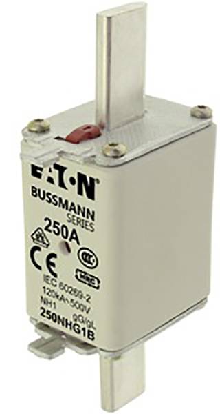 Op de afbeelding staat een Eaton Bussmann zekering van de NH-serie, 250A, met CE-markering. Deze dient ter bescherming van elektrische schakelingen.