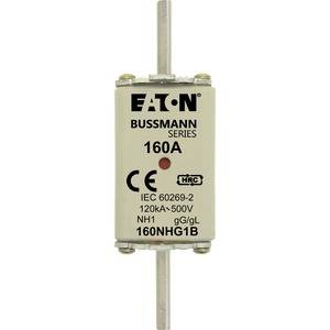 Een elektrische zekering van het merk 'Eaton Bussmann Series' met 160A, geschikt voor 120kA-500V, type NH1 gG/gL, conform IEC 60269-2.