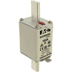 'Grijs-zilveren NH-zekering van het merk Eaton Bussmann, 160A, met CE- en eAC-markering, geschikt voor elektrische toepassingen met hoge stroomsterkte.'