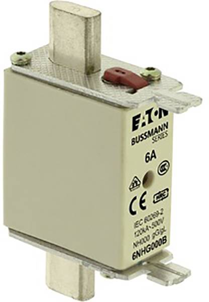 Een NH-zekering met de opdruk 'Eaton Bussmann Series 6A'. Geschikt voor elektrische toepassingen.