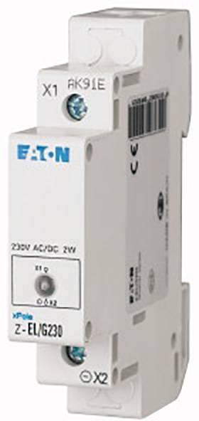 Een witte elektrische schakelaar van Eaton met blauwe tekst op de voorkant, zijdelings gemonteerd, toont de aanduidingen '230V AC/DC 2W'.