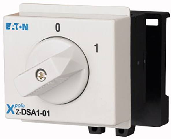 Schakelaar met opschrift 'Eaton Xpole z-DSA1-01', toont twee standen, 0 en 1, voor stroomcircuitbesturing.