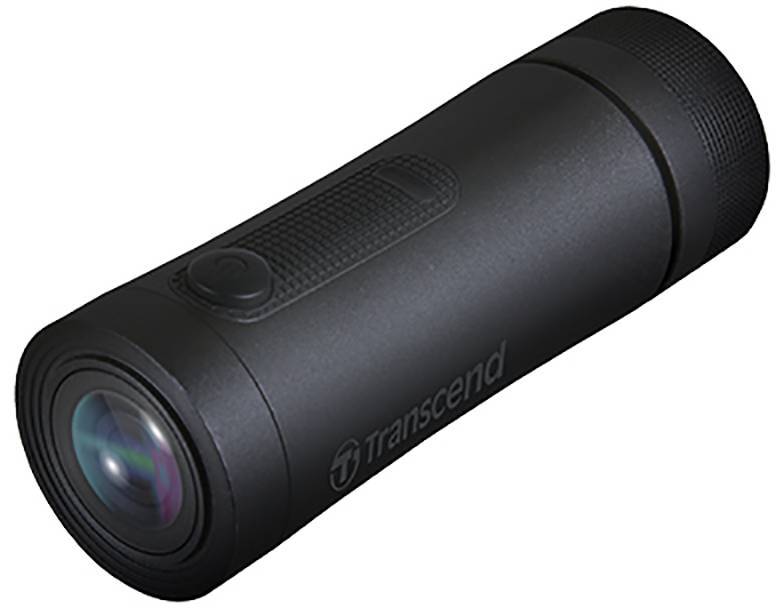 Een cilindervortige, zwarte Transcend-dashcam met groothoeklens, geschikt voor montage in de auto voor video-opnames.