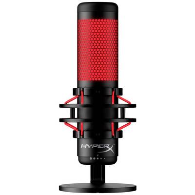 Rood gaming-microfoon met zwarte standaard, geschikt voor streaming en opnames. Markering toont 'HyperX'.