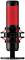 Een rood condensatormicrofoon met standaard, verlicht in een stralende rode tint, ideaal voor podcast- of streaming-opstellingen.