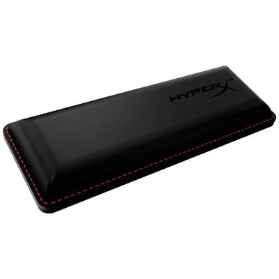 Een zwarte polssteun met rode stiksels en het 'HyperX'-logo rechtsboven. Geschikt voor ondersteuning tijdens het typen.