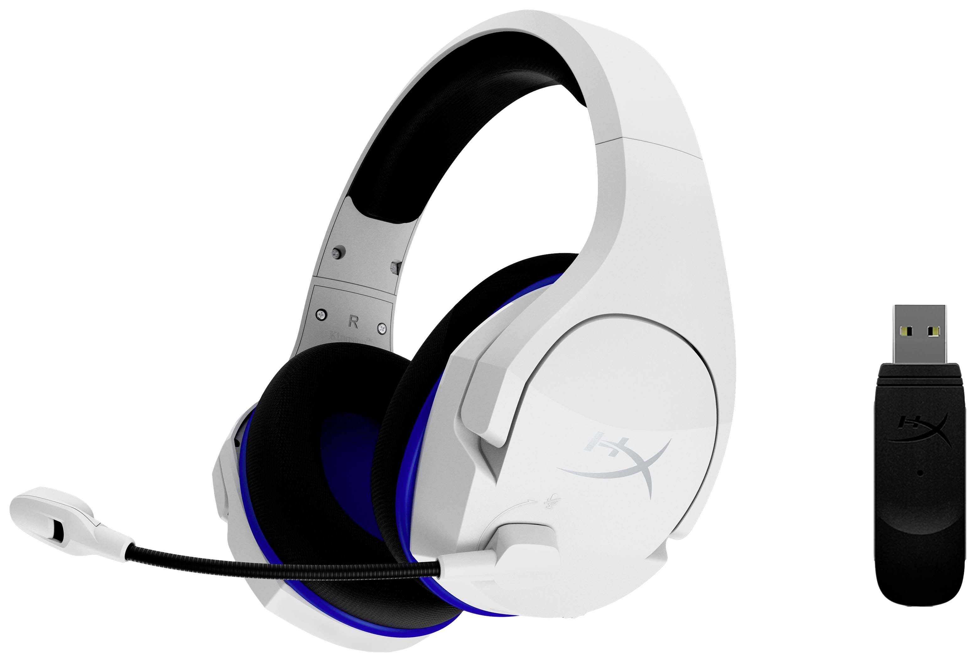 Wit gaming-headset met microfoon en bijpassende USB-dongle.