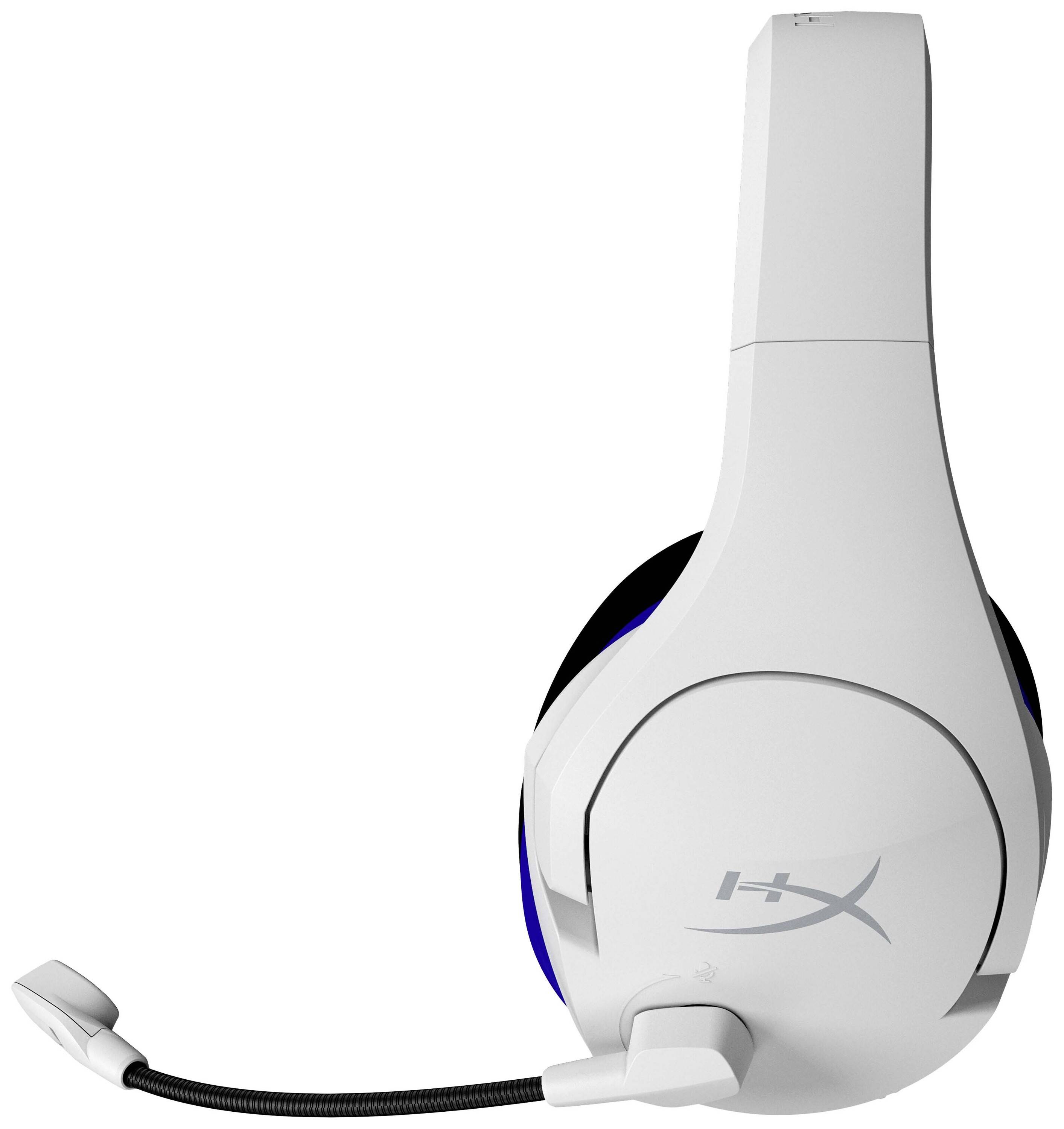 Witte gaming-headset met microfoon, gemarkeerd met 'HX', op witte achtergrond.