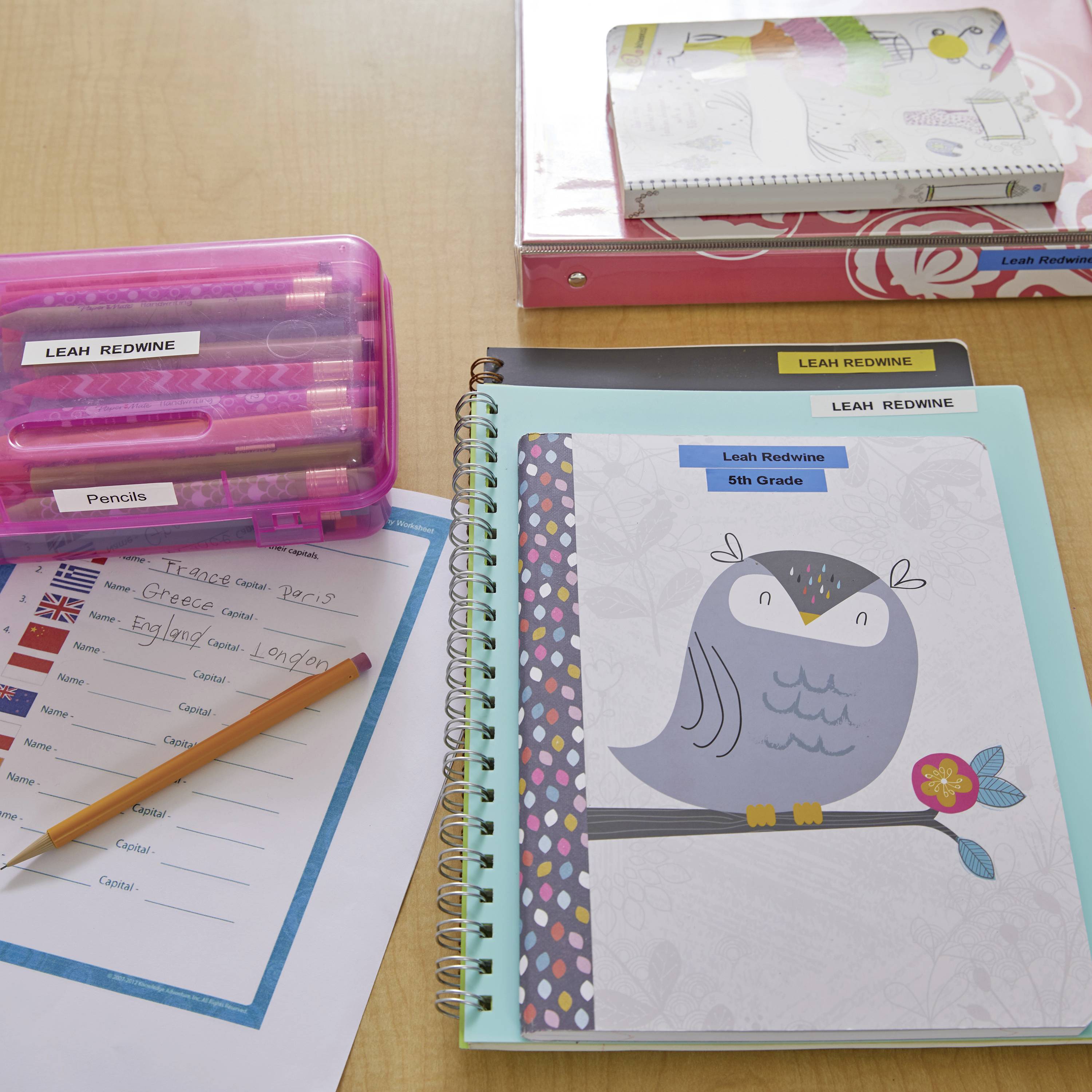 Notitieboeken, een potlood en een etui liggen op een tafel. Op een notitieboek staat een afbeelding van een uil. De foto toont schoolmaterialen.