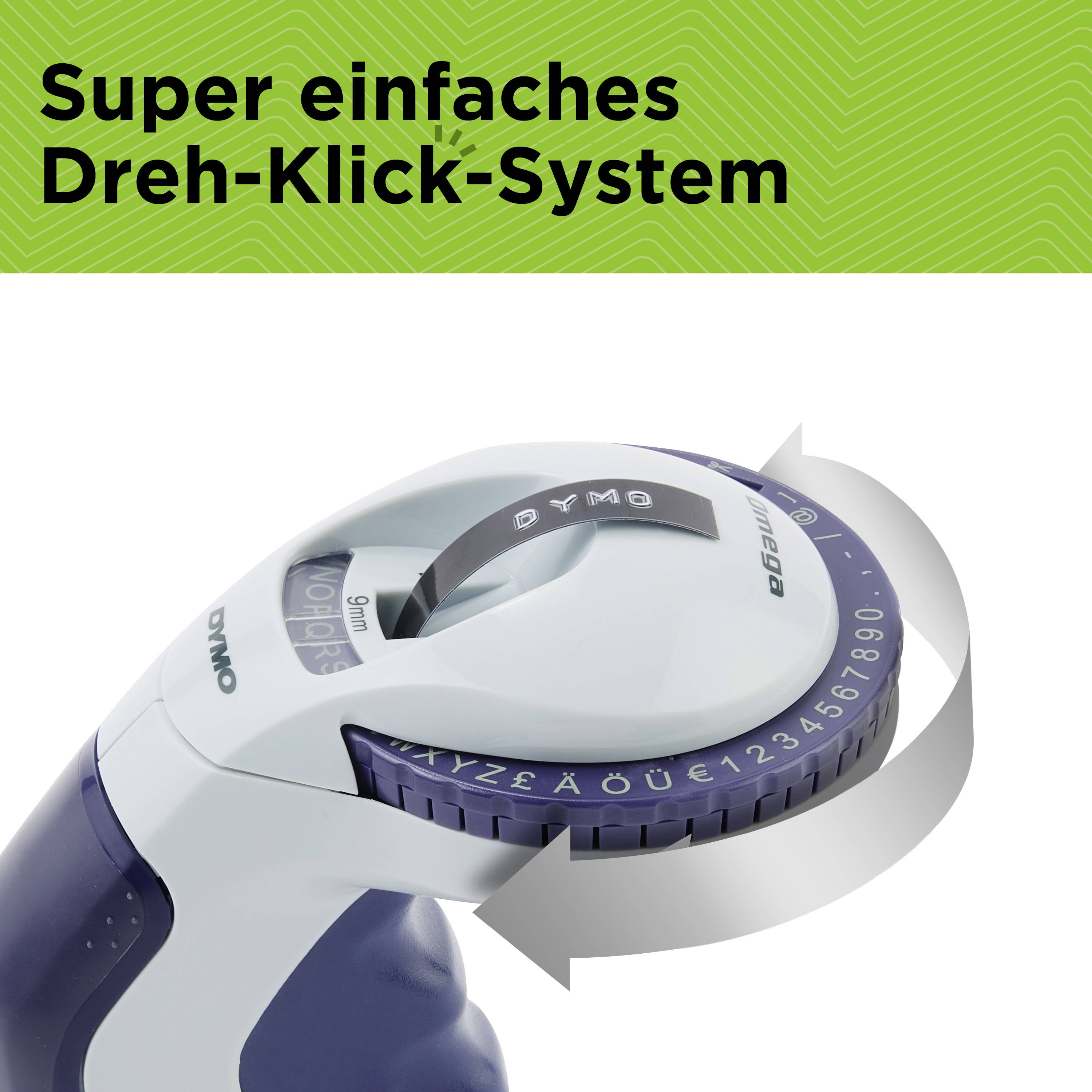Een labelapparaat met '9 mm' en letterrad. De tekst bovenaan leest 'Super eenvoudig draai-klik-systeem'.