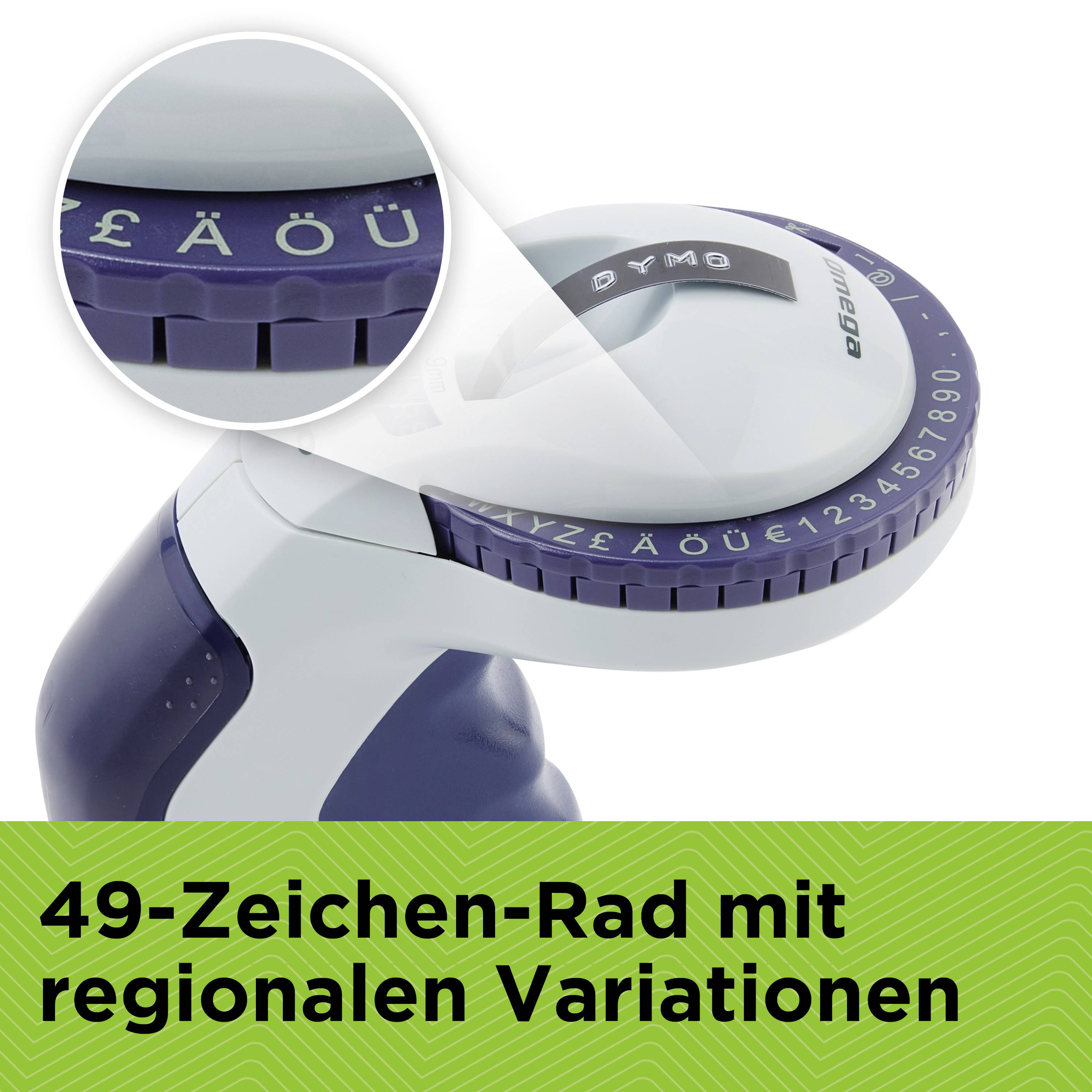 Een labelapparaat met een 49-tekens wiel dat regionale lettervariant zoals 'ä', 'ö', 'ü' bevat.