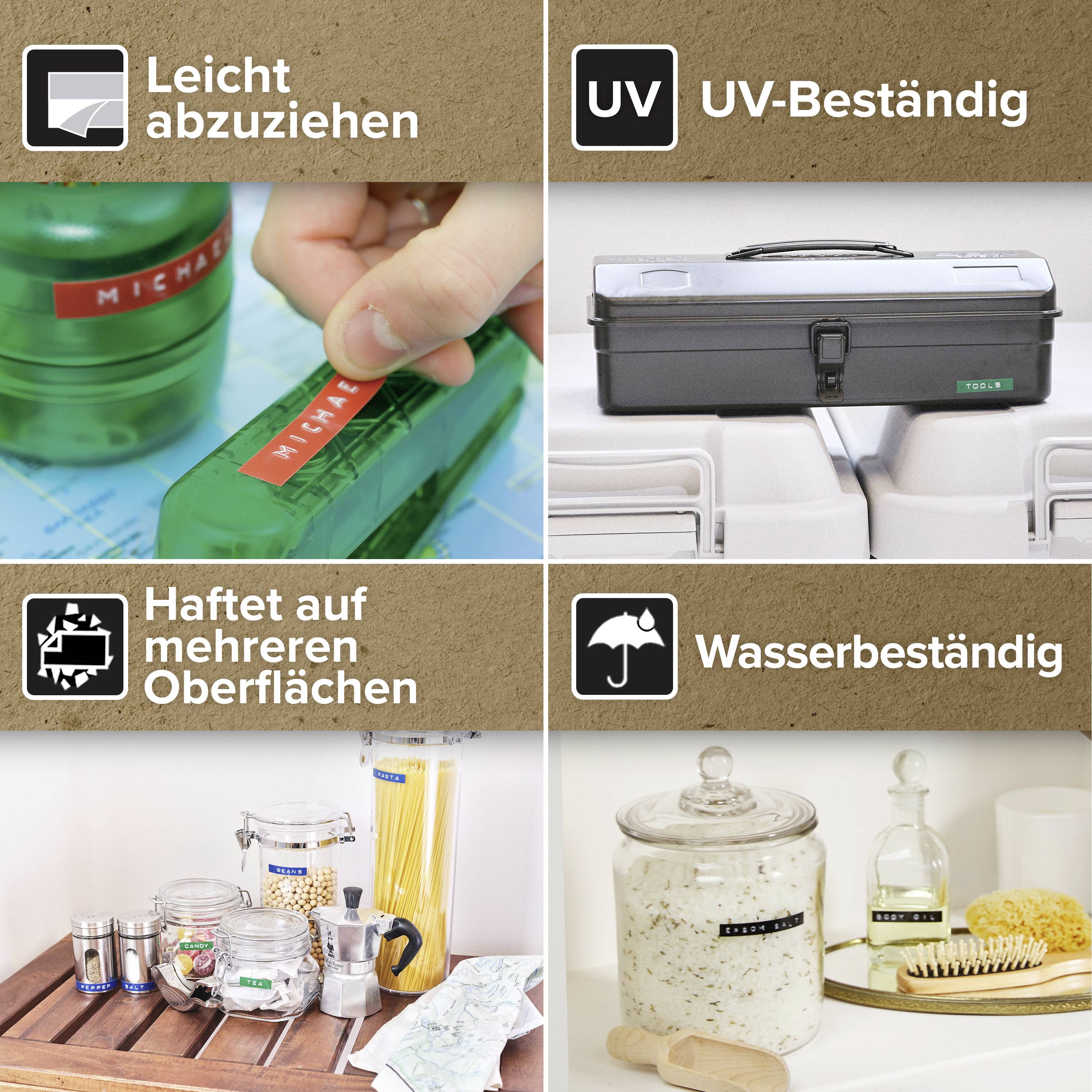 Afbeelding met labels toont: 'Gemakkelijk te verwijderen', 'UV-bestendig', 'Hecht op meerdere oppervlakken', 'Waterbestendig'. Illustratieve toepassingsvoorbeelden.