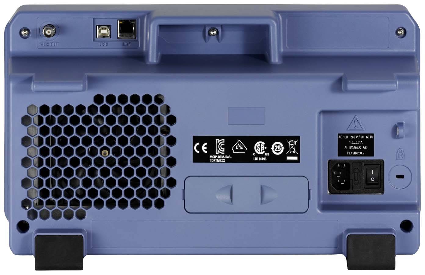 De achterkant van een blauw elektronisch apparaat met ventilatierooster, netvoeding en aansluitingen voor netwerk en telefoon.