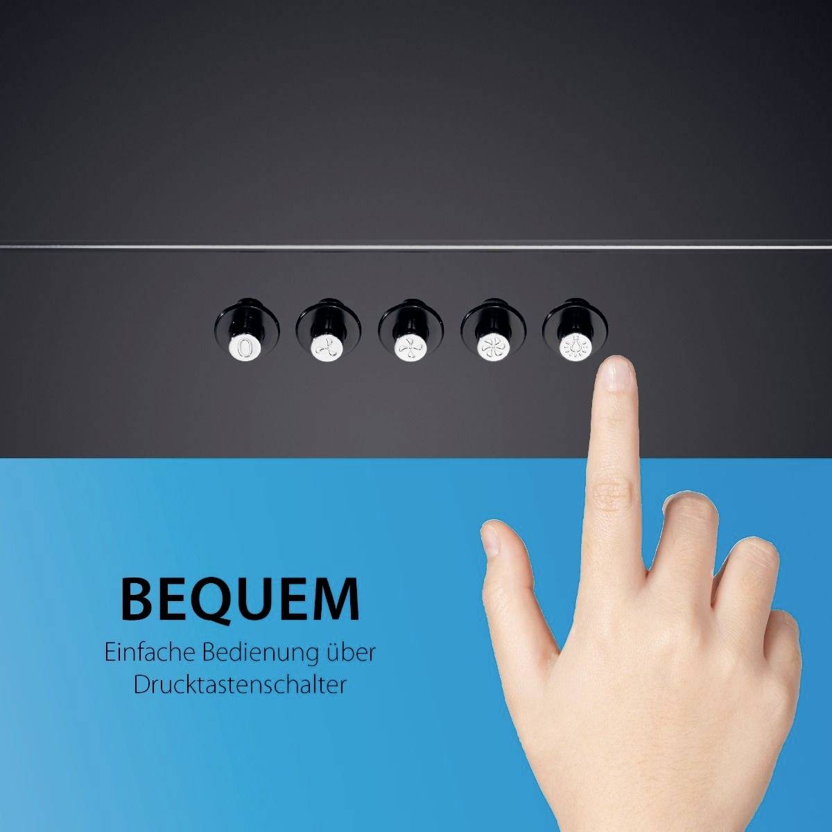 'BEQUEM: Eenvoudige bediening via druktoetsen.' Een hand nadert vijf schakelaars op een blauwe oppervlakte.