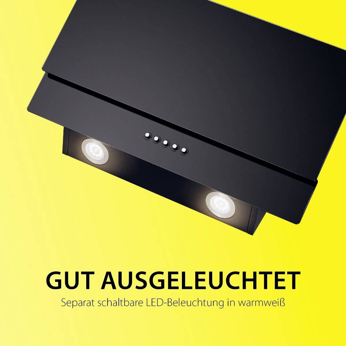 Afzuigkap met aparte LED-verlichting in warm wit. Zwart design, vijf bedieningsknoppen, gele achtergrond.
