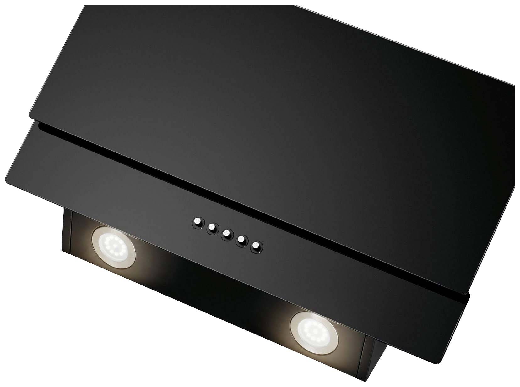 Afzuigkap van zwart metaal met twee verlichte LED-spots.